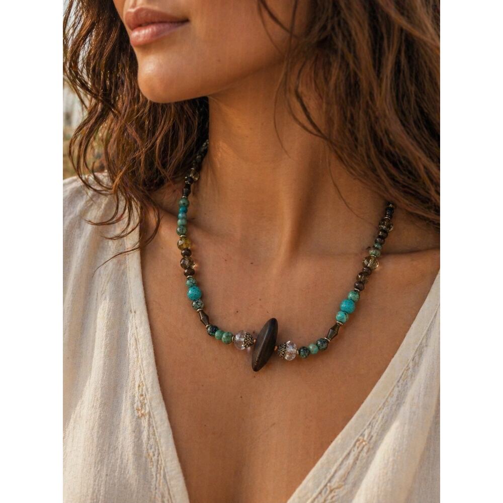 Tiffany Lee Designs Vintage Handmade Turquoise Beaded Necklace Wood Focal Boho